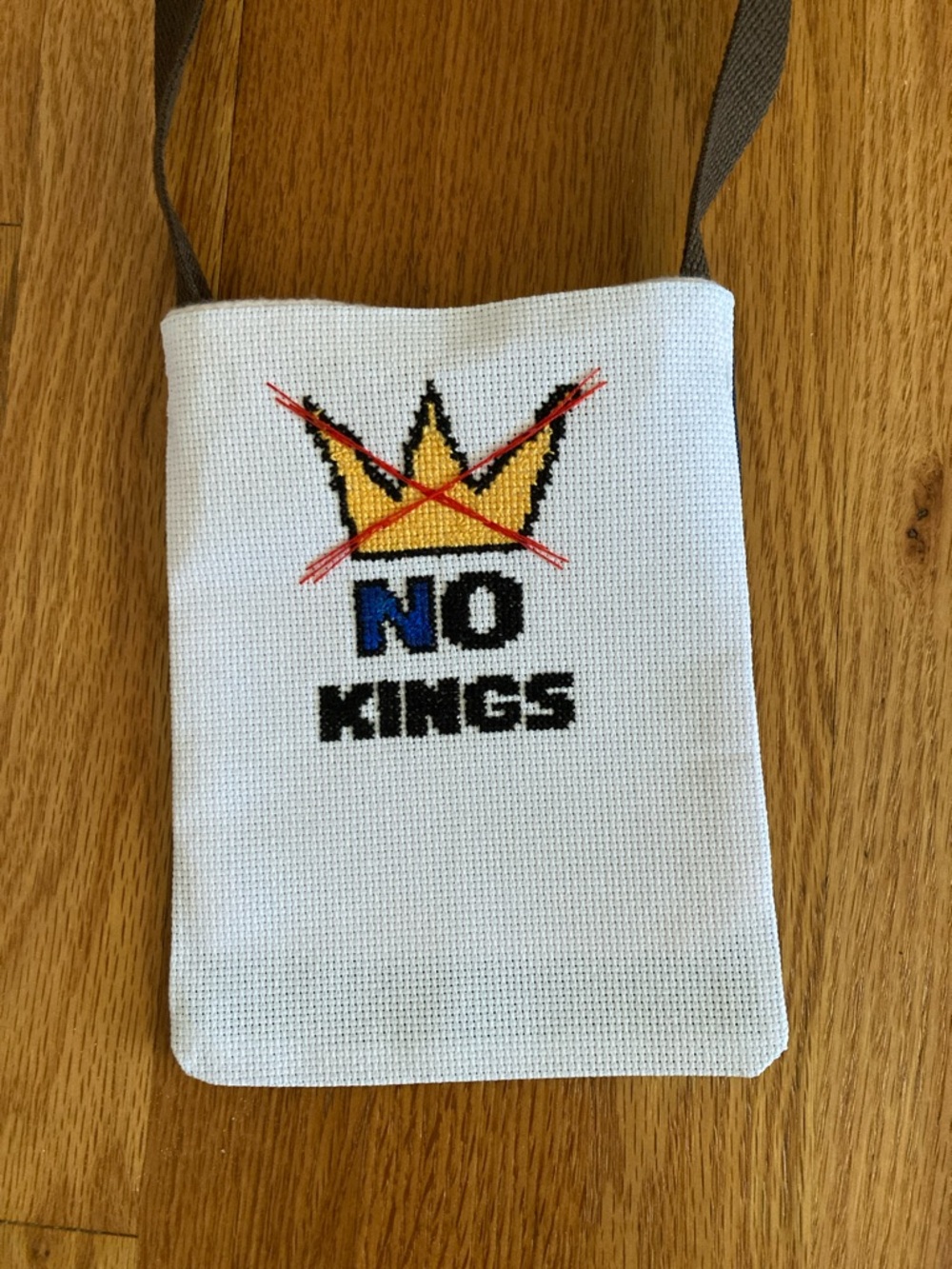 NEW hand sewn White Cross-Stitch 'NO KINGS' Shoulder Bag